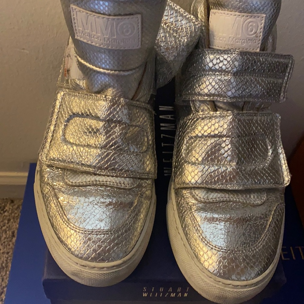 MM6 Silver Leather Velcro High Top Sneakers